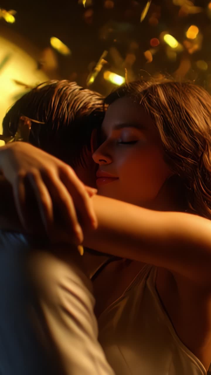 A Romantic Embrace Under Sparkling Lights: A Captivating Moment of Intimacy and Connection between Two Lovers in a Beautiful Atmosphere of Celebration