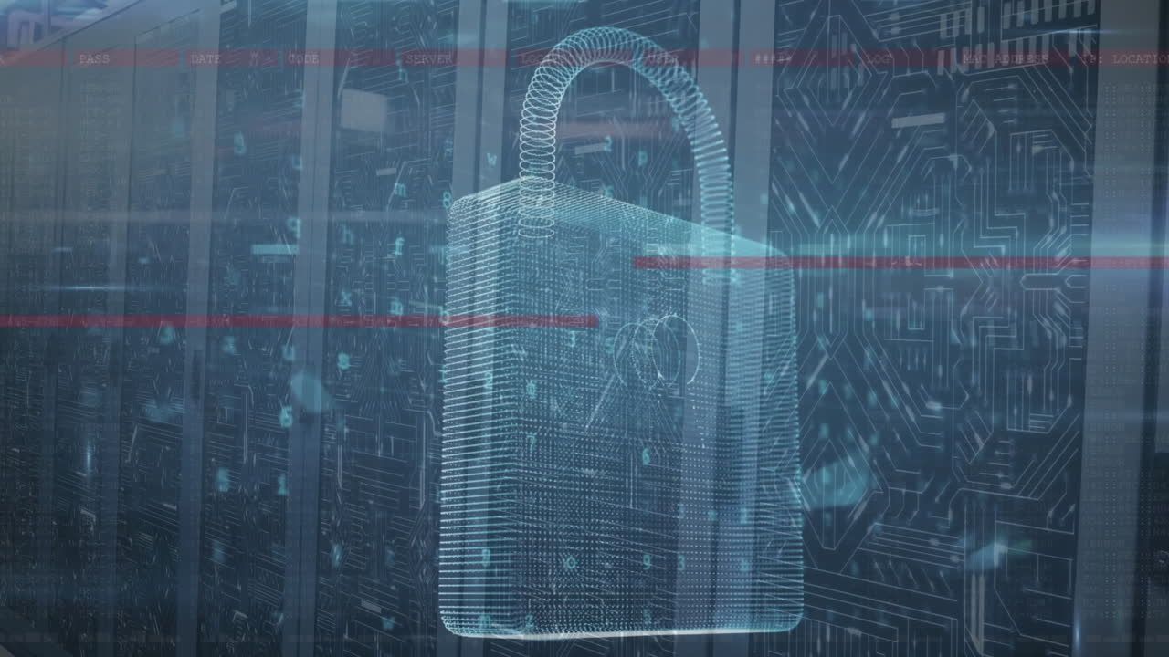 Animation of security padlock icon, microprocessor connections and data processing over server room