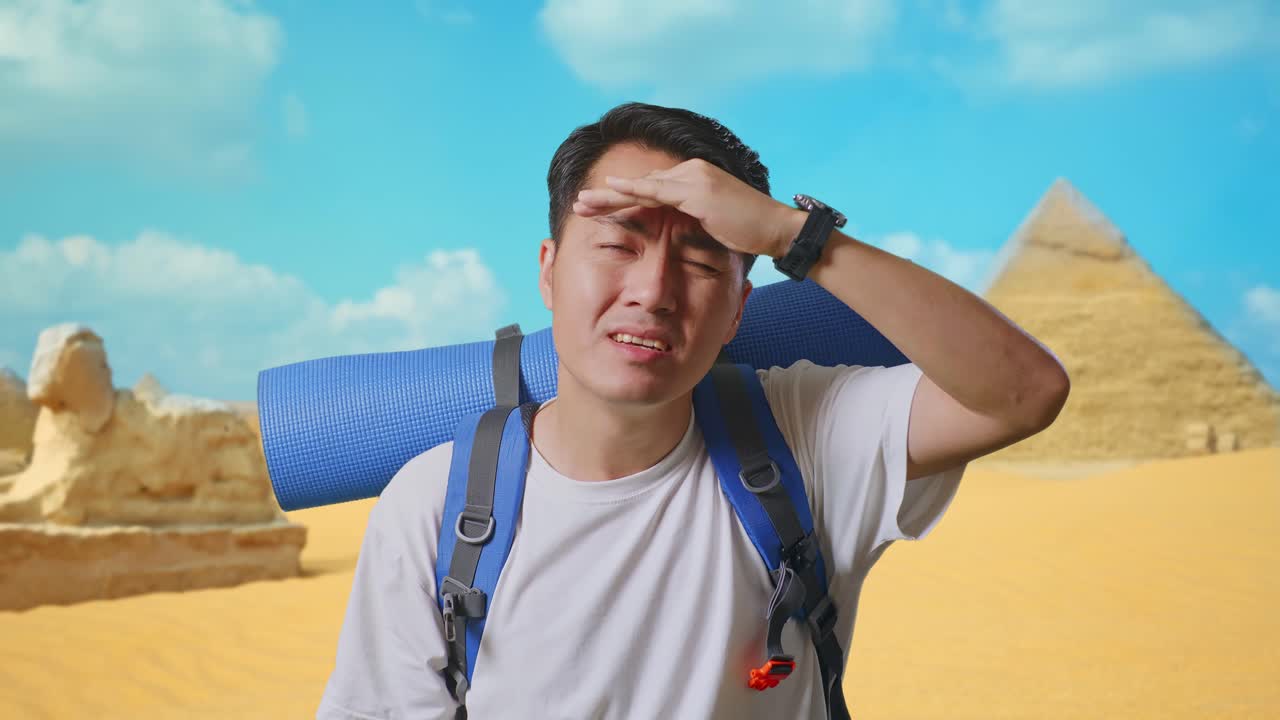 Close Up Of Asian Male Hiker With Mountaineering Backpack Hand Forehead Smiling And Looking Distance While Traveling In Pyramid Of Giza