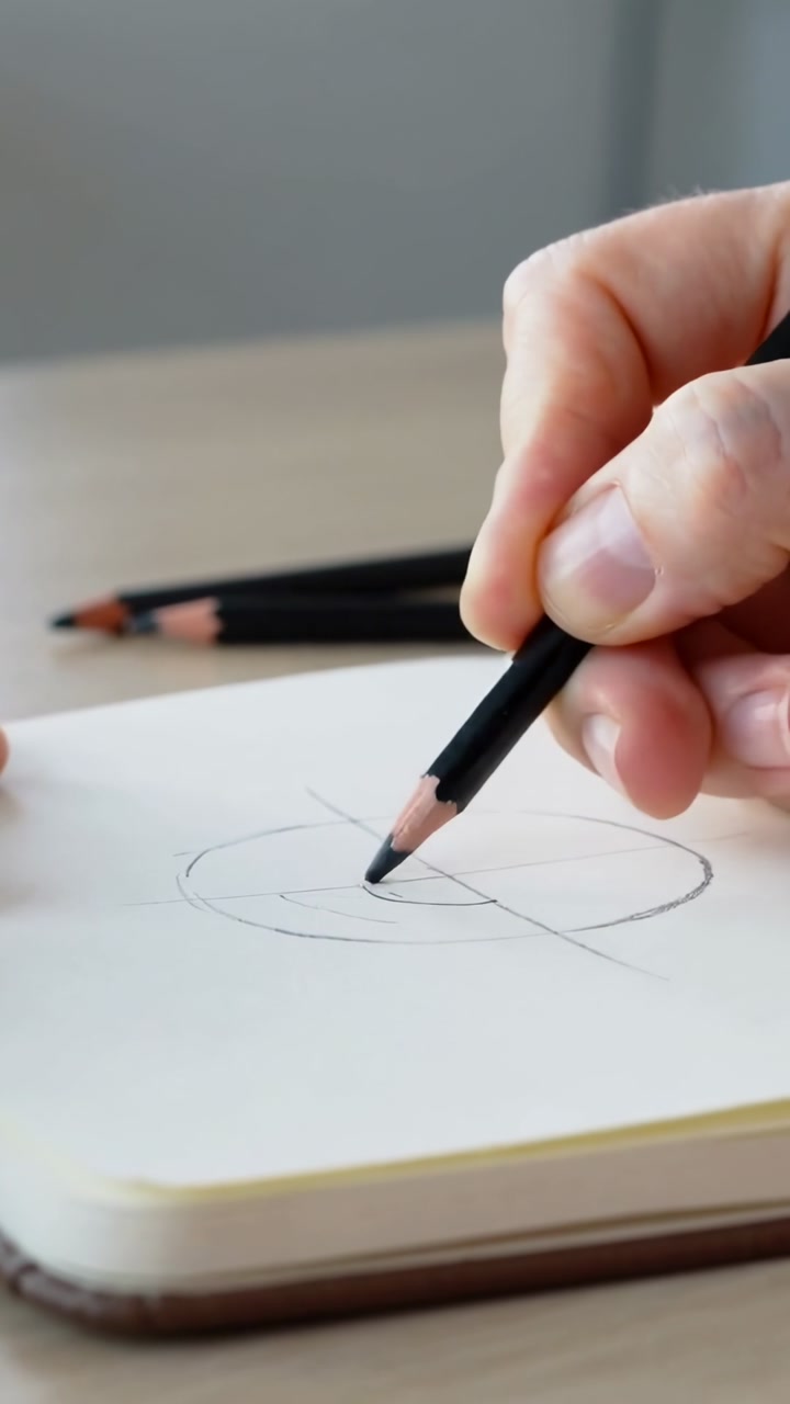 Vertical video: Sketching hand using black pencil on desk pad, faint circle guiding spiral shaping