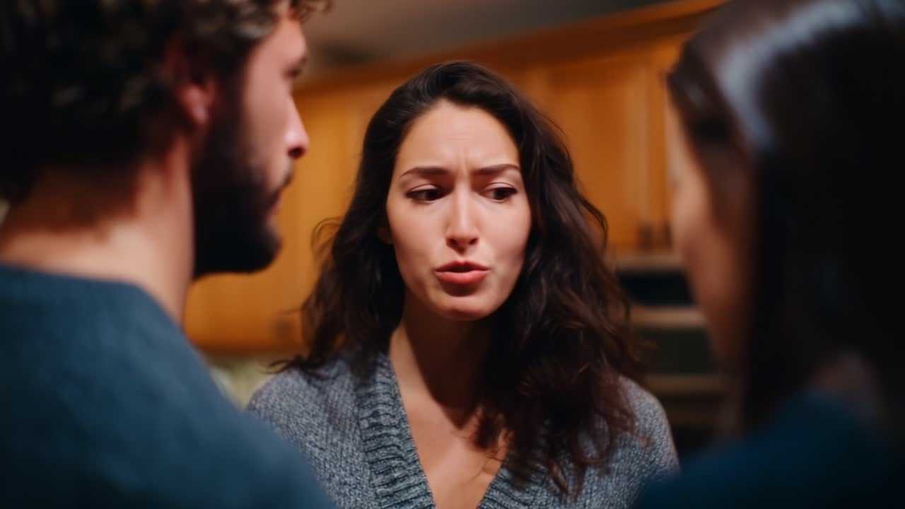 Tension Unfolds as a Woman Confronts Two Individuals in a Heated Discussion within a Cozy Kitchen Setting, Emphasizing Emotional Dynamics and Conflict