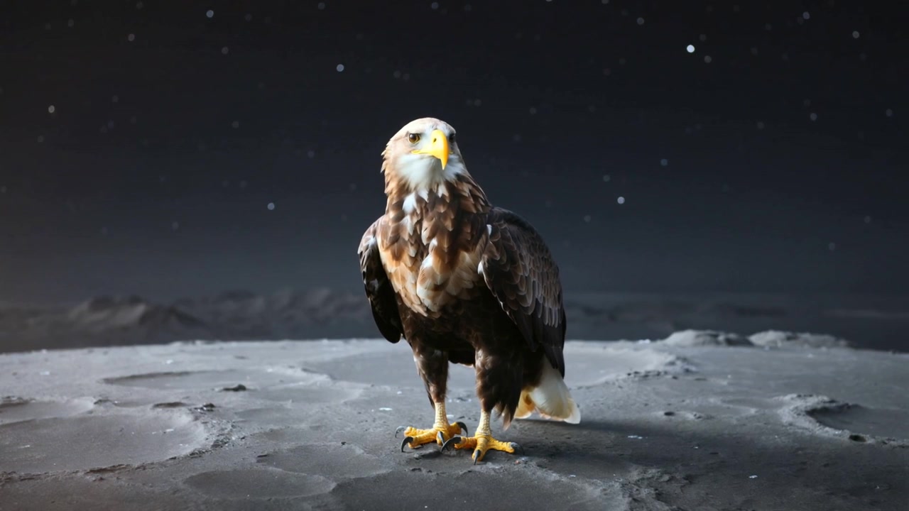 Grande aquila che volteggia con becco e artigli gialli, scrutando una pianura craterizzata di notte in cerca di preda.