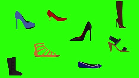 animation of women shoes group elements on green screen chroma key  flat design