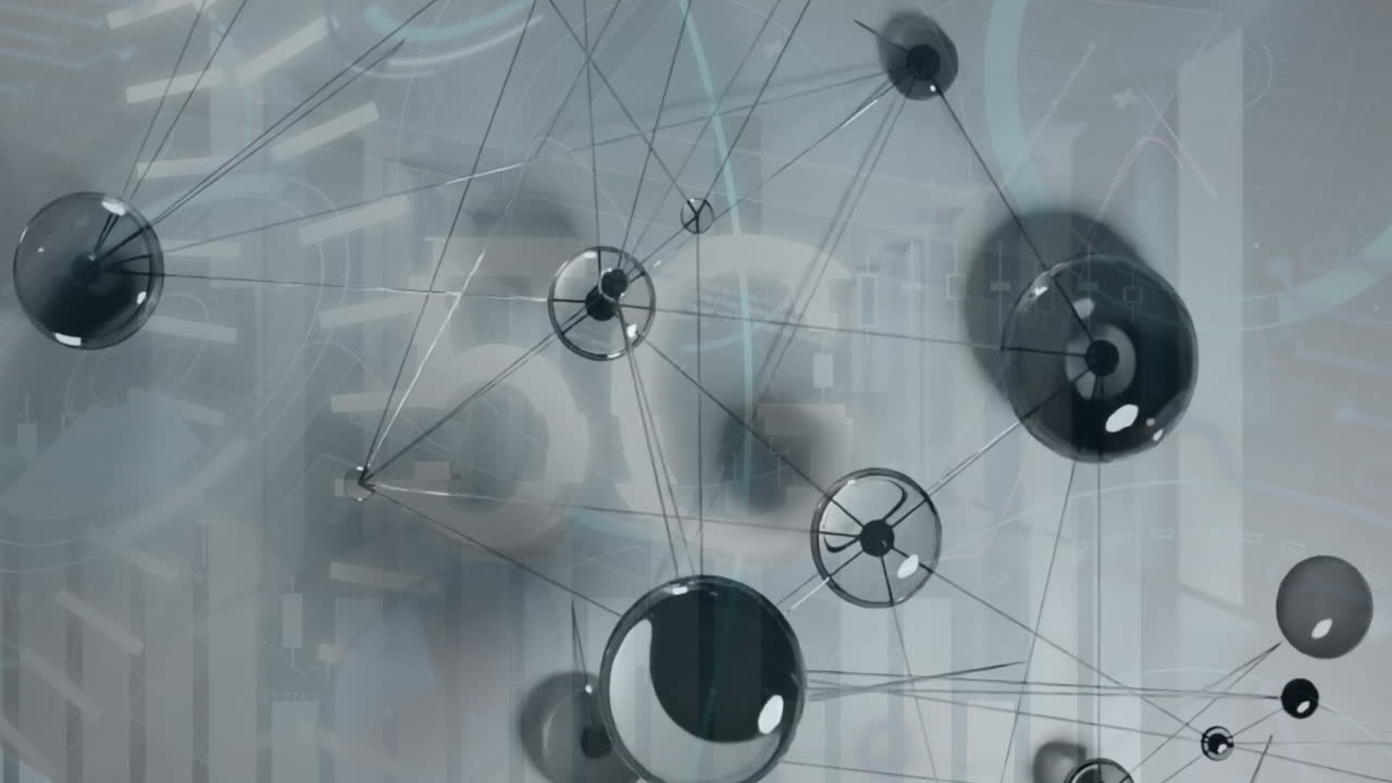 animación de la red de conexiones y procesamiento de datos sobre fondo gris