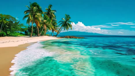 una playa con palmeras en la orilla del océano