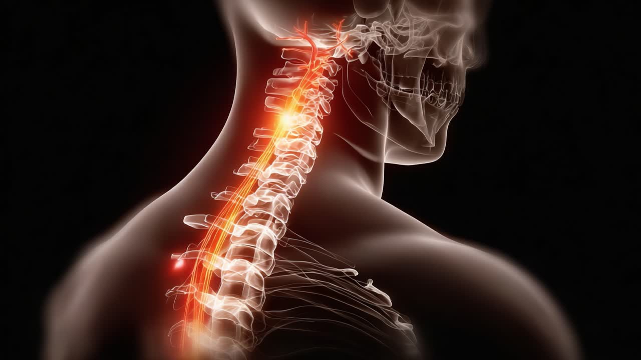 Illustrazione della colonna vertebrale cervicale umana con percorsi neurali e nervi evidenziati, che mostra la struttura e la funzionalità spinale in un contesto scientifico