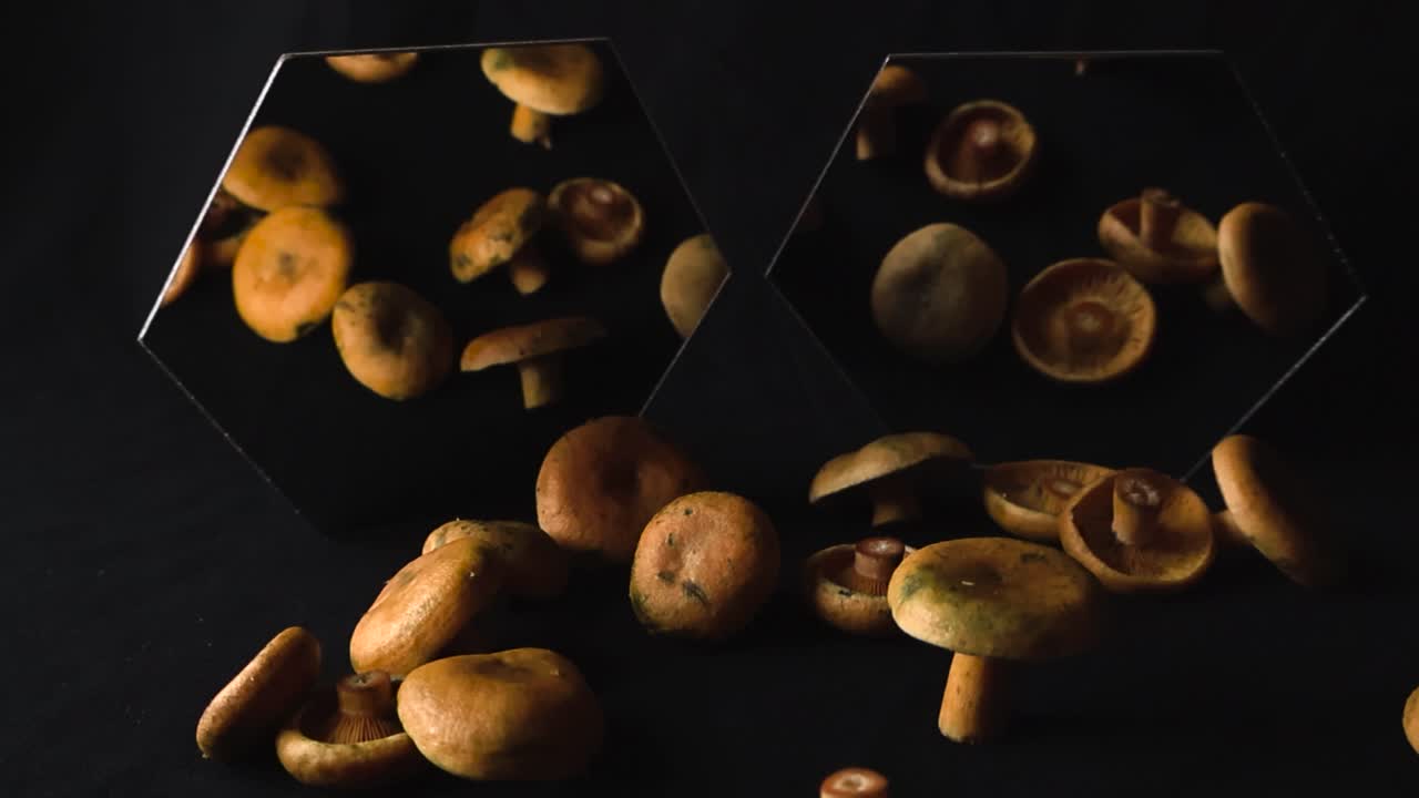 Fresh forest mushrooms styled on dark surface with cinematic reflections and warm lighting