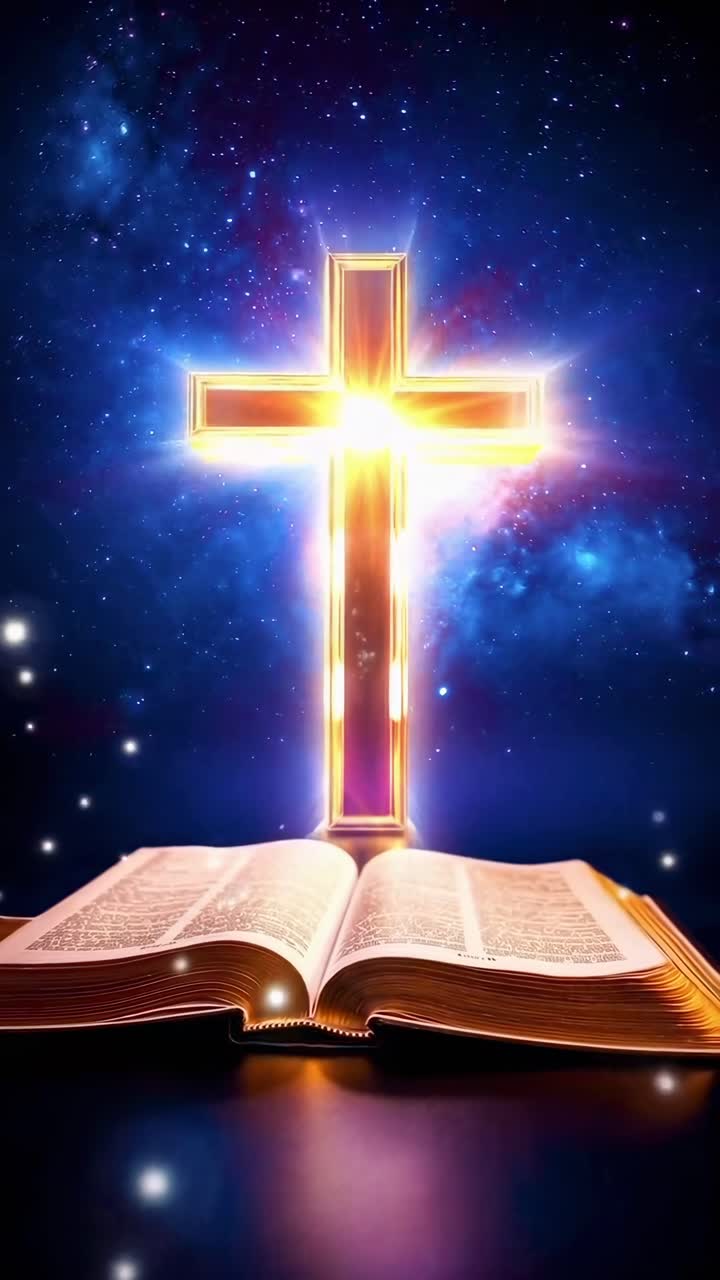 Una croce luminosa sopra una Bibbia aperta, ripresa da un'angolazione bassa, perfetta per un video spirituale