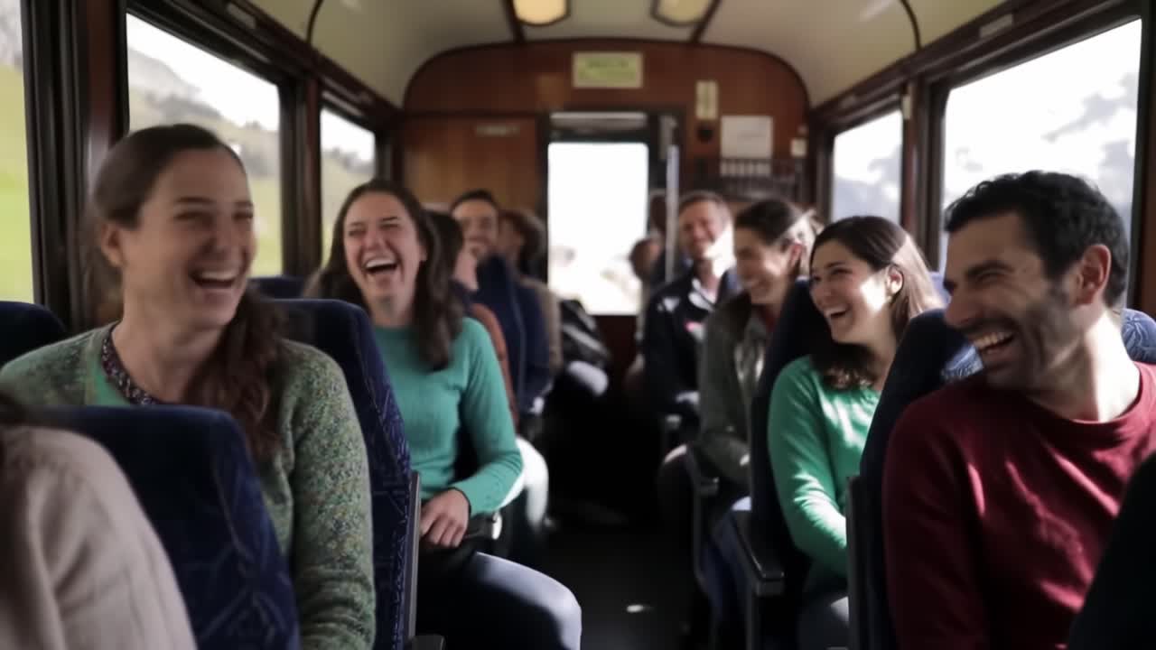 Group of Friends Enjoying a Joyful Ride Through Scenic Mountains on a Bus
