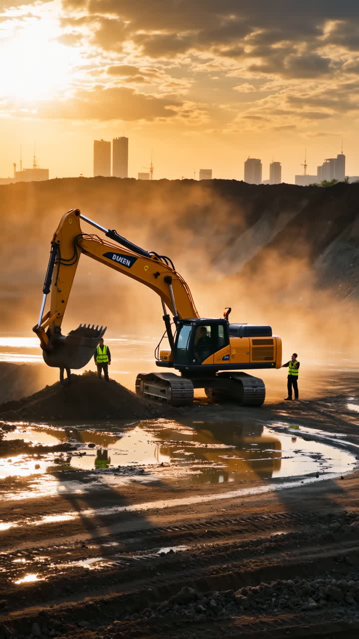 Heavy Equipment at Sunset: Excavator and Workers on a Construction Site