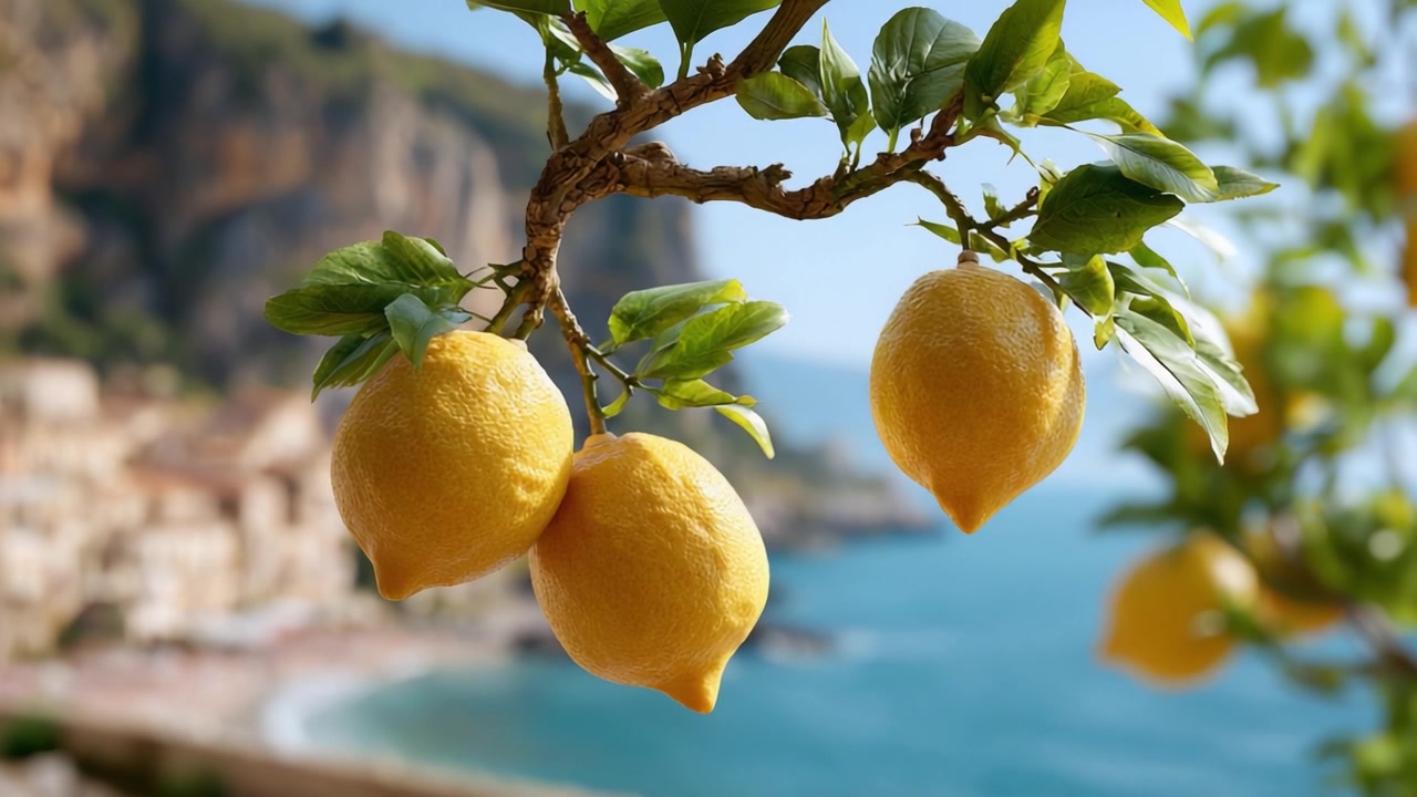 Limoni vivaci appesi a un ramo d'albero che si affacciano su una vista costiera mozzafiato, catturando l'essenza della bellezza e della freschezza della natura.