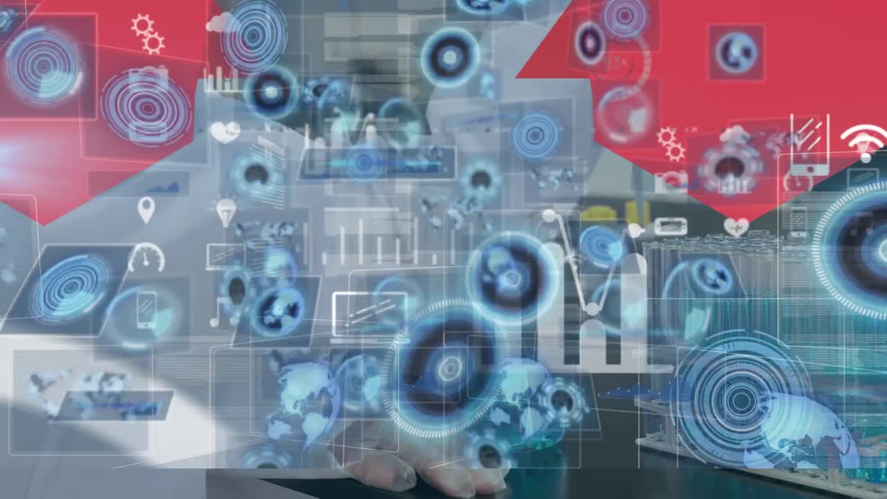 실험실에서 백인 남성 과학자에 대한 스 ⁇  스캐닝 및 데이터 처리 애니메이션