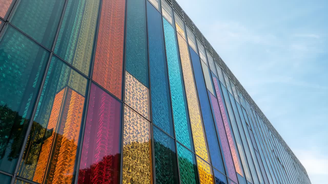 Tilting upward, camera capturing street-level facade with colored glass panels reflecting trees