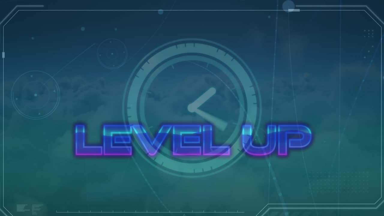 Animation of level up text over ticking clock and network of connections against clouds in the sky