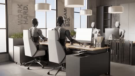 team of futuristic robot humanoid cyber working together in office with laptop 3d rendering animation