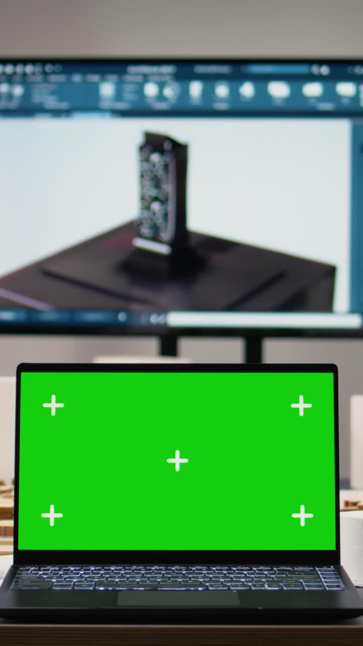 Vertical Video Real estate planning office with empty chairs and chroma key on laptop