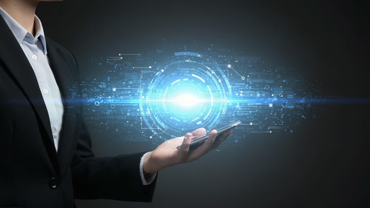 Digital Transformation: A Business Professional Holding a Smartphone with Futuristic Technology and Data Visualization in a Dark Background