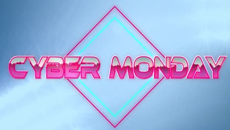 animación digital del texto de cyber monday sobre cuadrados de neón contra puntos de luz sobre fondo azul