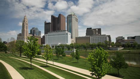 beautiful skyline of downtown columbus state capital of ohio, aerial dolly left