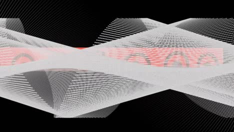animation of rotating landscape of twisted translucent material over red strip, on black
