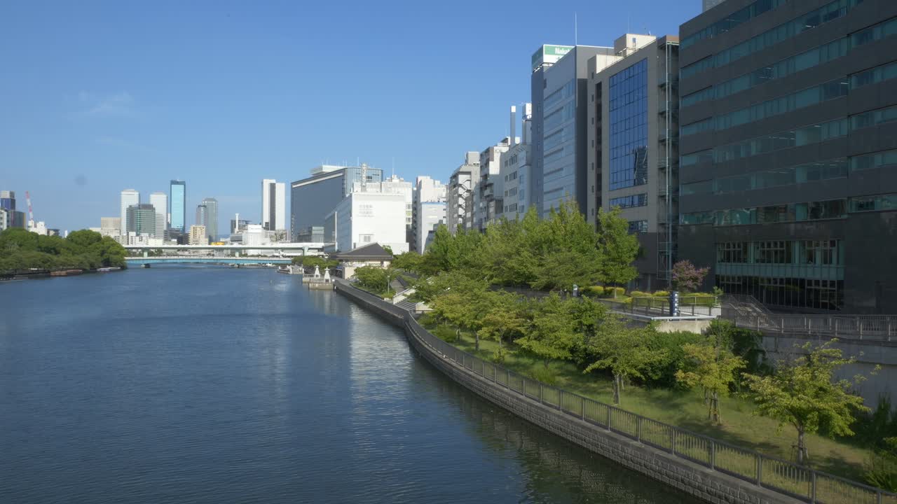Kitahamahigashi Neighborhood Along The O River From The Tenjinbashi Bridge - Tenjinbashi-suji Shopping Street In Osaka, Japan. - wide shot