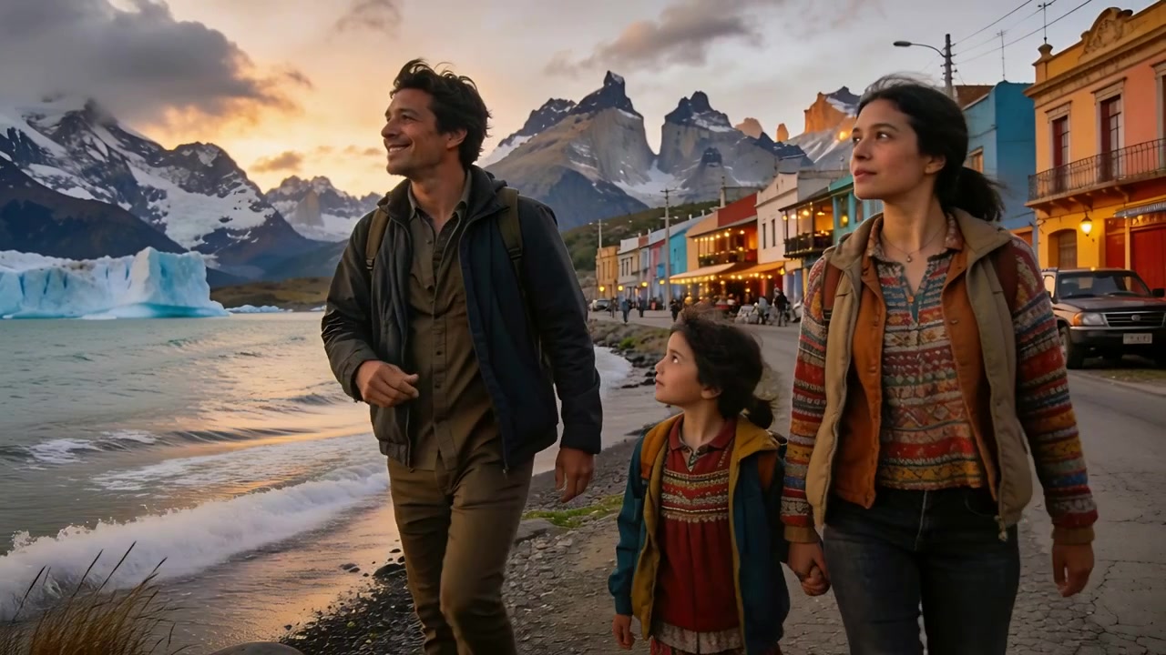 Famiglia che cammina sulla riva al tramonto, sistemando lo zaino, tenendo la mano del bambino vestiti a strati, osservando un ghiacciaio.