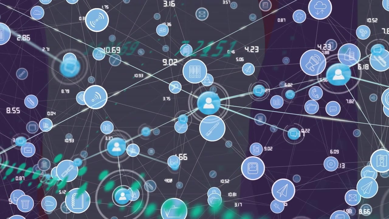 Animation of connected icons over numbers and graph against abstract background