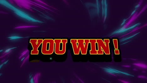 animation of you win text over colorful moving lights on dark background