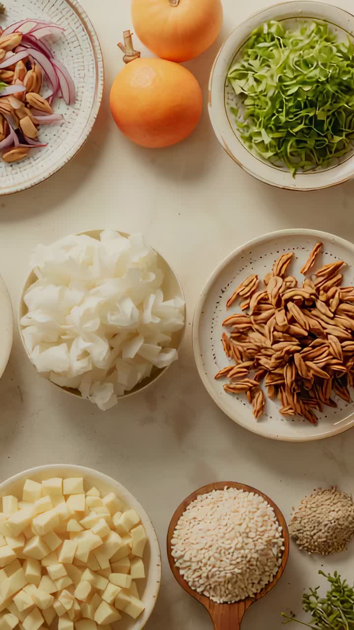 Vertical video: Revealing camera moving down and zooming over marble counter to show bowls and rice