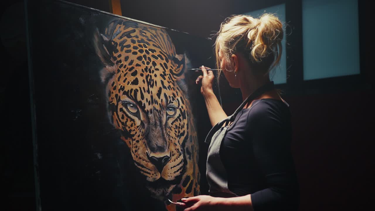 Woman painting a leopard portrait in studio