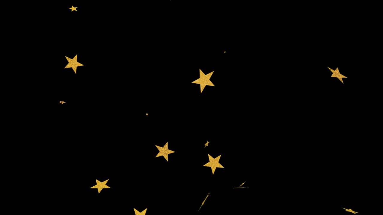 Frame starting blue particle ribbon forming, sweeping right, gold stars drifting to add depth