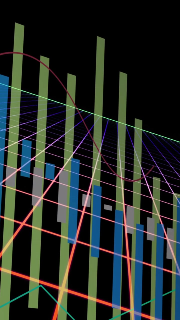 Animation of multicolored graphs over grid pattern against black background