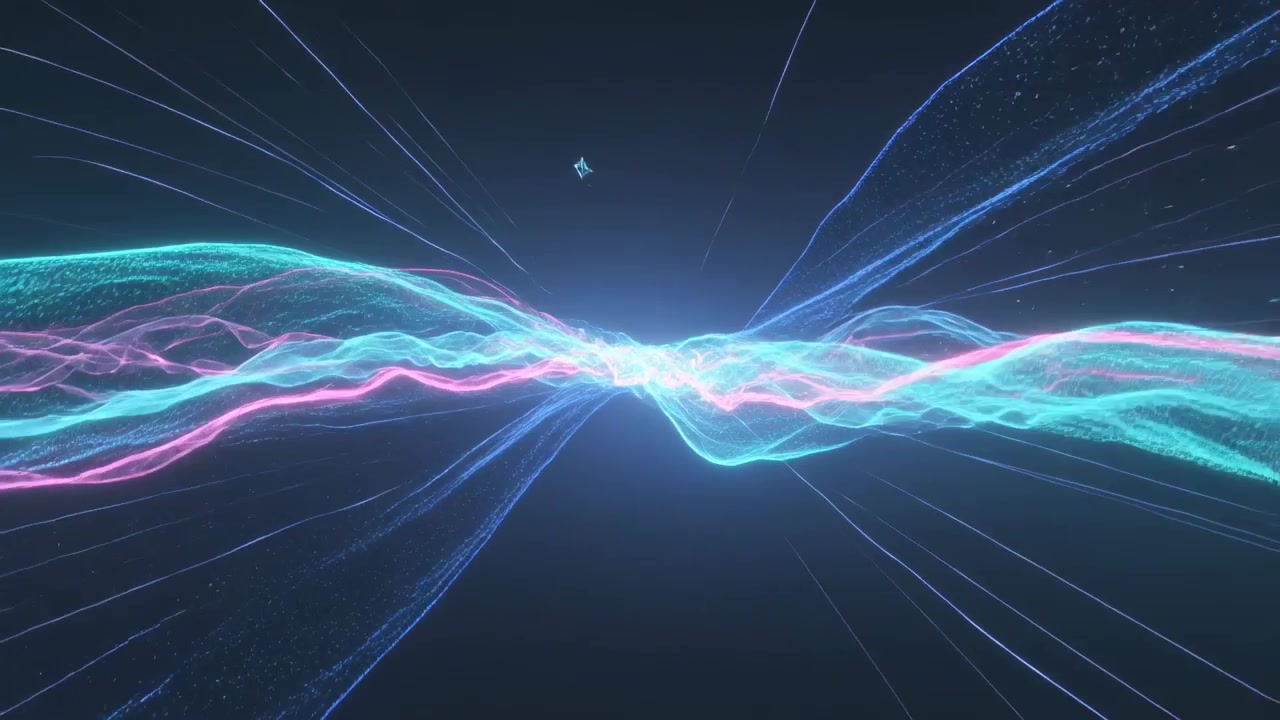Approaching filament streams twisting into bright seam across dark void, with wireframe diamonds