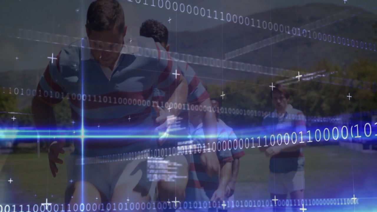 Rugby players raising knees, starting footwork drill on grass while binary overlay intensifying