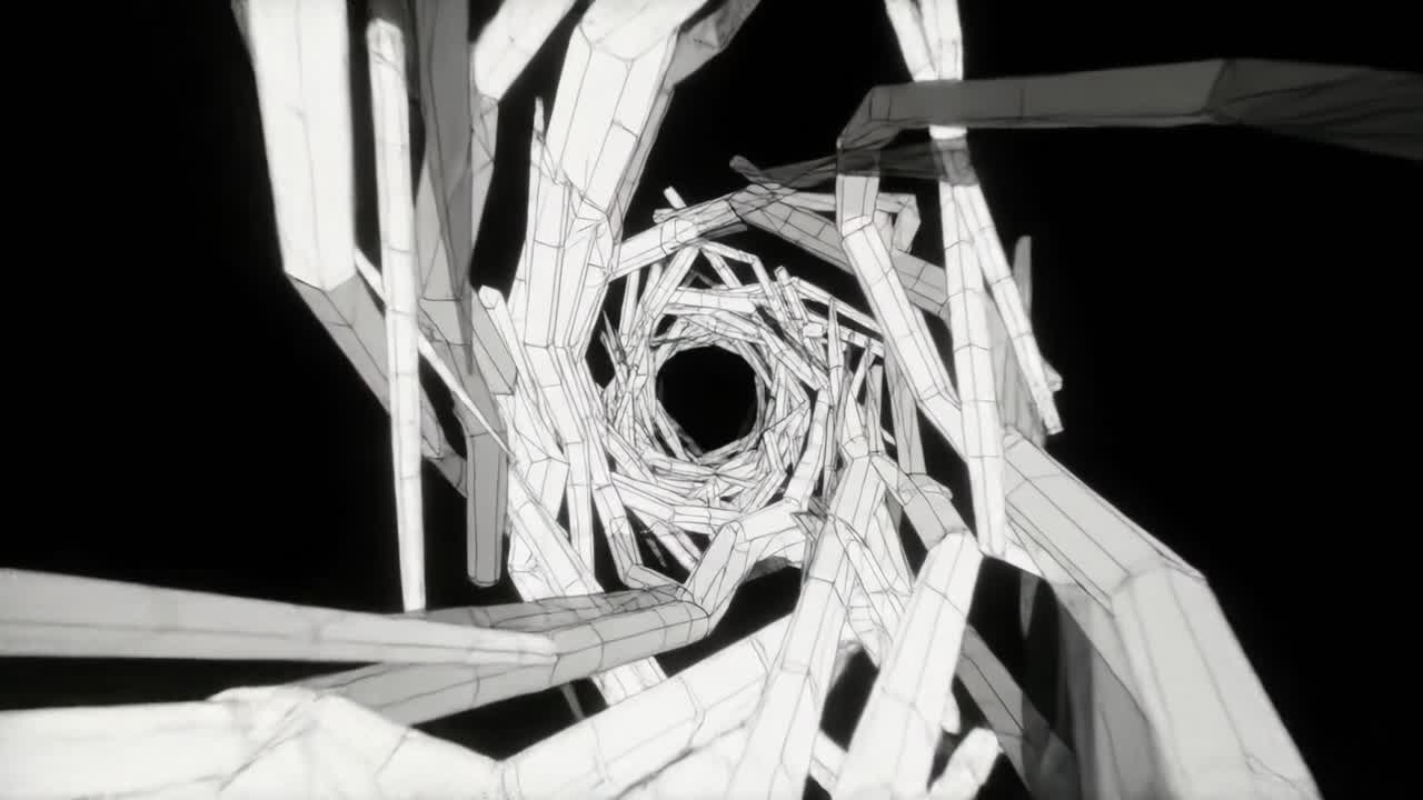 A Dynamic Exploration of Abstract Structures: Visualizing Movement Through a Twisting Tunnel of Interconnected Lines and Forms in Black and White