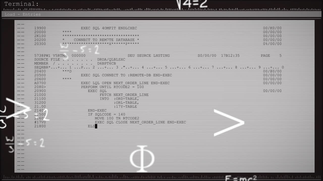 Animation of computer code and mathematical symbols overlaying terminal screen display