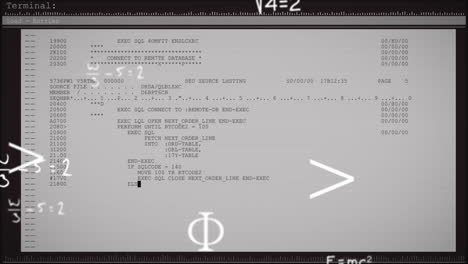 animation of computer code and mathematical symbols overlaying terminal screen display