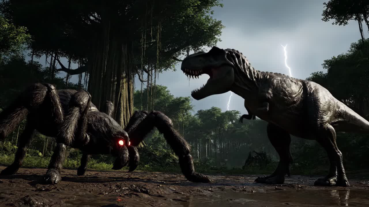 T-Rex versus Giant Spider in Jungle Storm