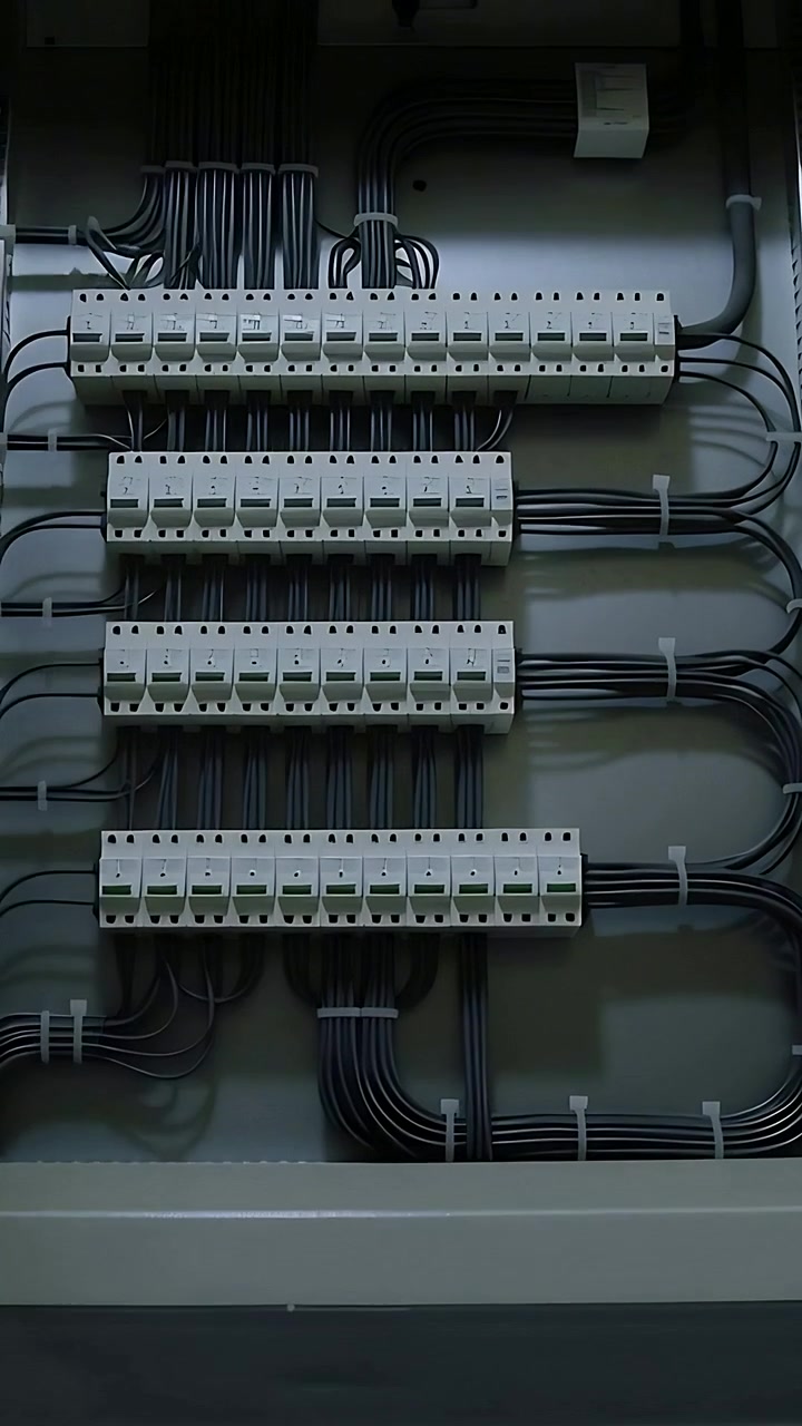 Vertical video: Swinging cabinet door revealing breaker panel in utility room, showing gray cables