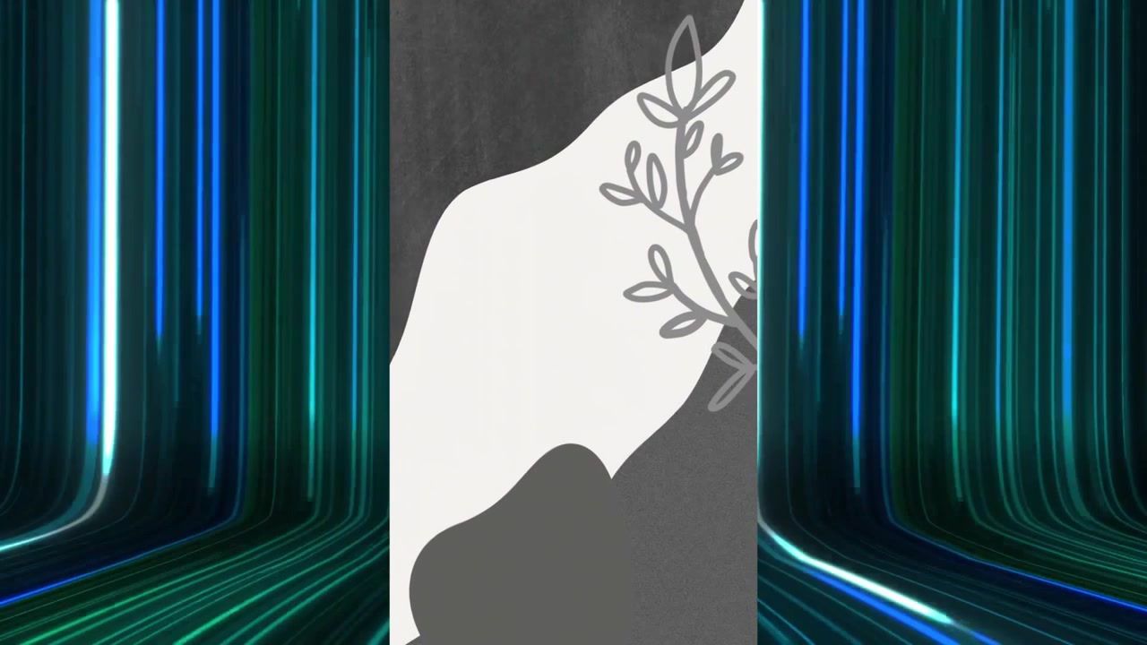 Animazione di forme e una pianta su linee al neon su sfondo nero.