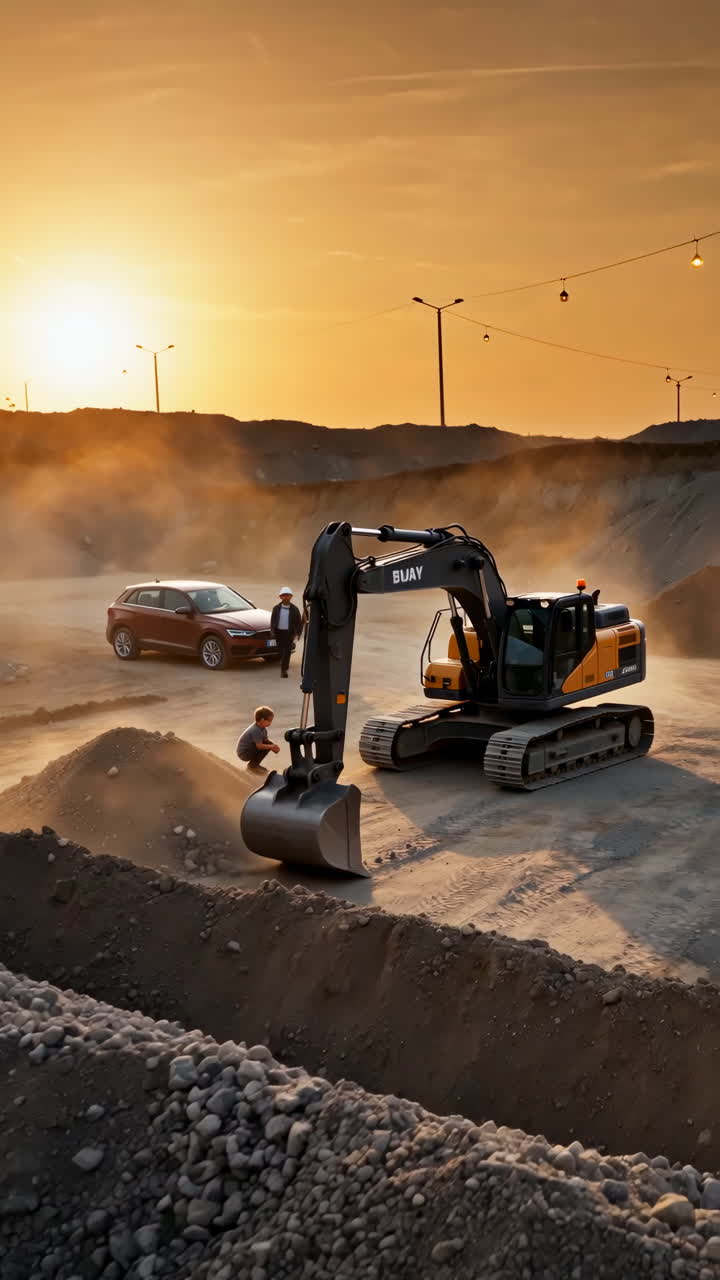 Excavator and Car at a Dusty Construction Site at Sunset