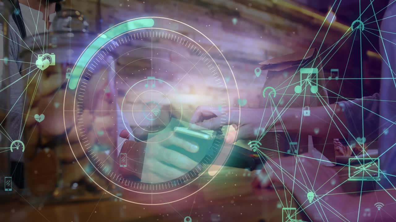 스 ⁇  스캐닝의 애니메이션과 다양한 사람들이 스마트 폰으로 지불하는 연결 네트워크