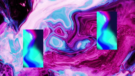 rectángulos abstractos azules brillantes sobre ondas líquidas rosadas y azules sobre fondo negro