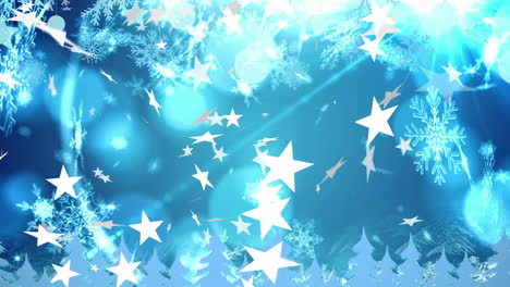 animación de estrellas de navidad y copos de nieve cayendo sobre un fondo azul