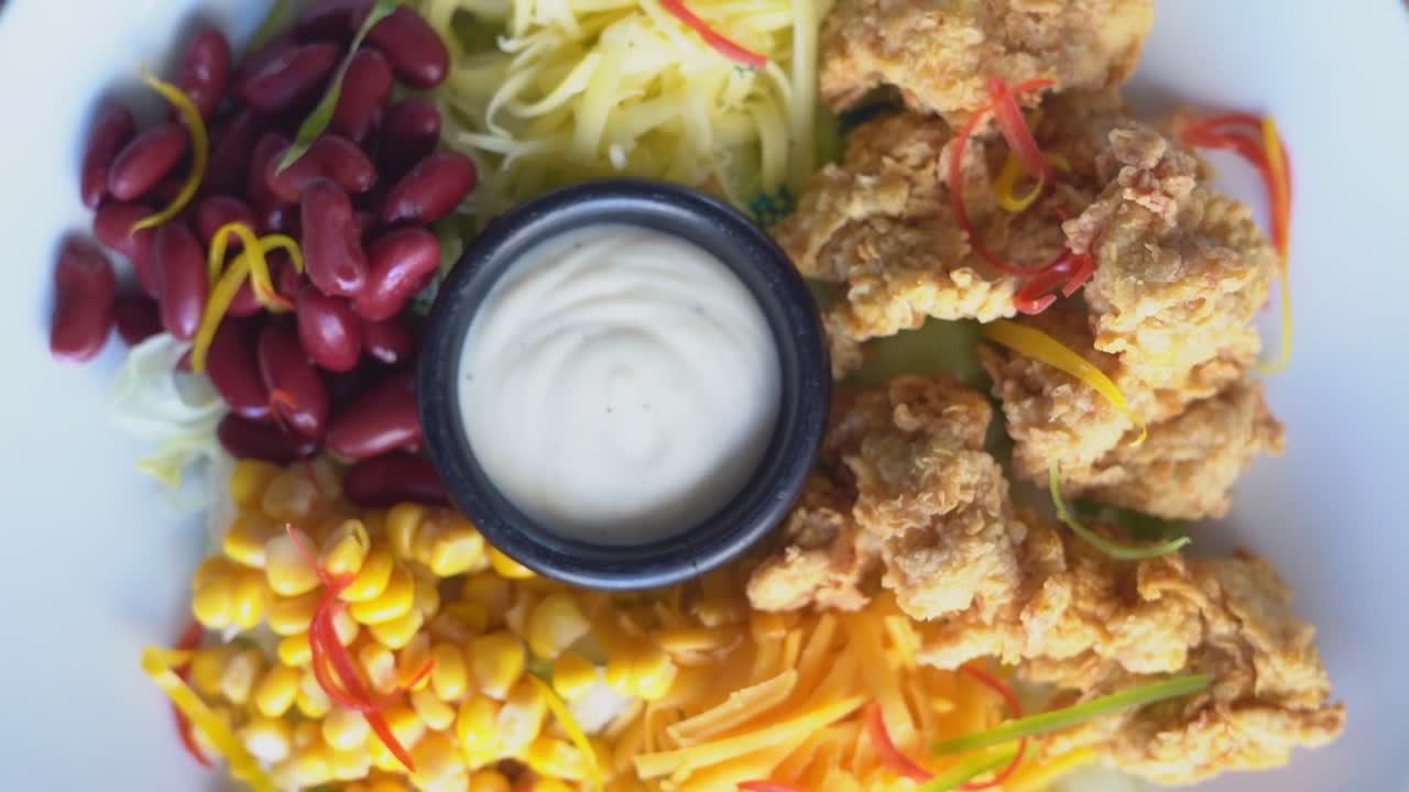 delicious food in a restaurant, close up shot, high angle shot