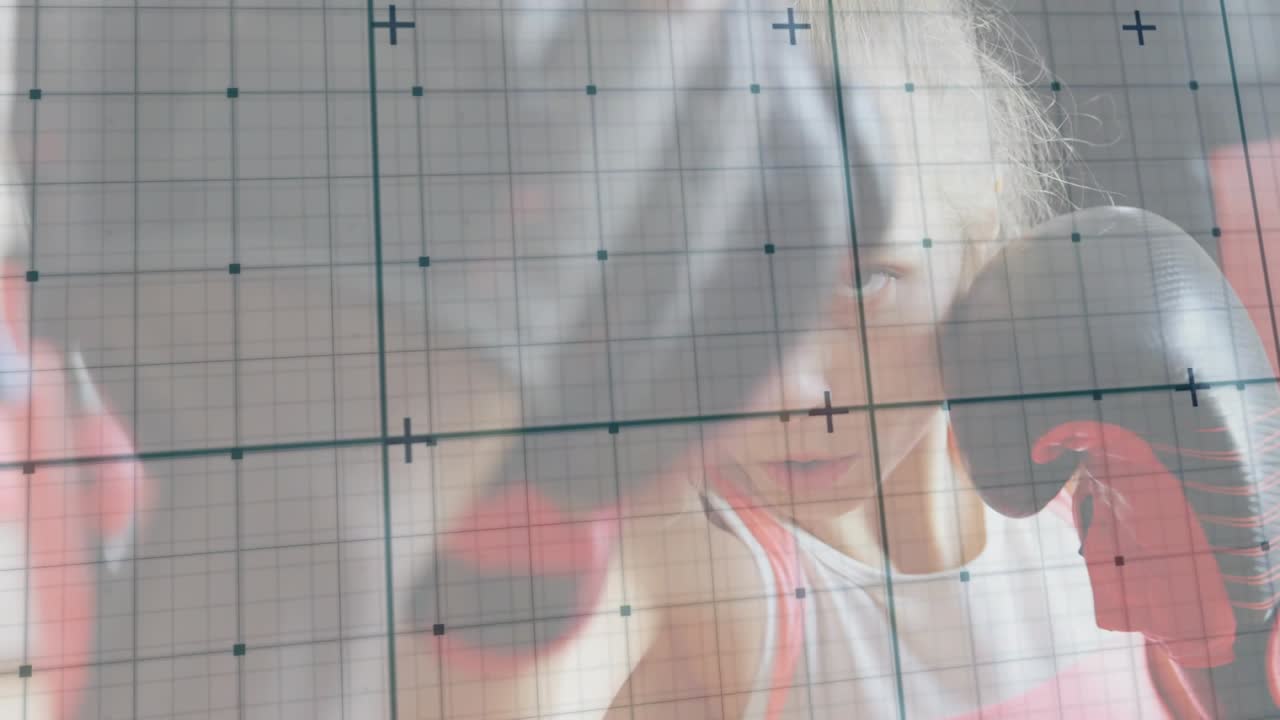 Female boxer responding to trainer's mitt moving, punching at gym via grid overlay, refining guard