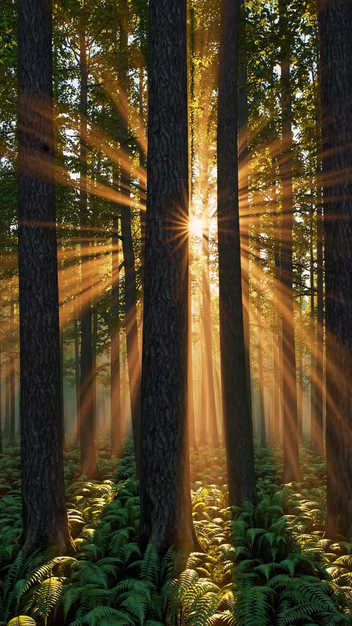 Sunlight beams through tall forest trees, captured from a low angle, creating a serene, mystical