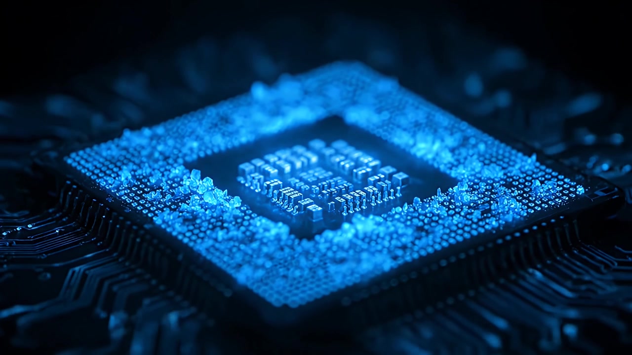 Nærbillede af en glødende blå computerprocessor på et printkort