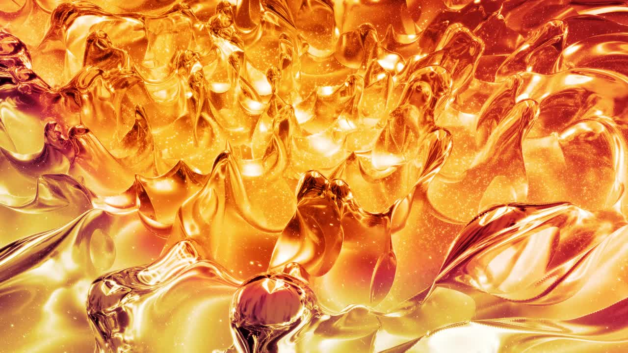 Fundo abstrato em loop com padrão líquido dourado cintilante e ondulado em superfície brilhante e lustrosa. Fluido azul viscoso semelhante a uma superfície de folha de ouro ou vidro brilhante. Belo cenário festivo criativo