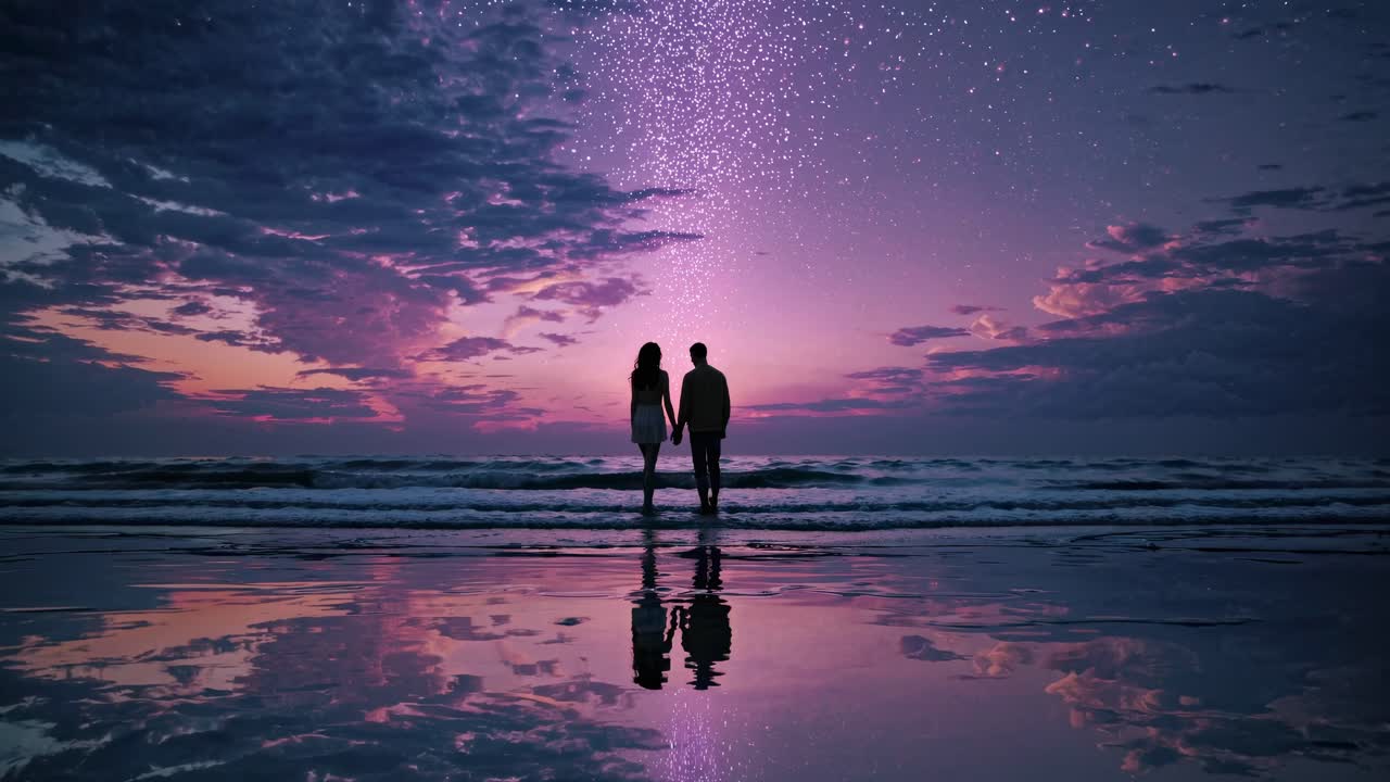 Silhouetted couple holding hands on a beach at sunset, captured from a low angle